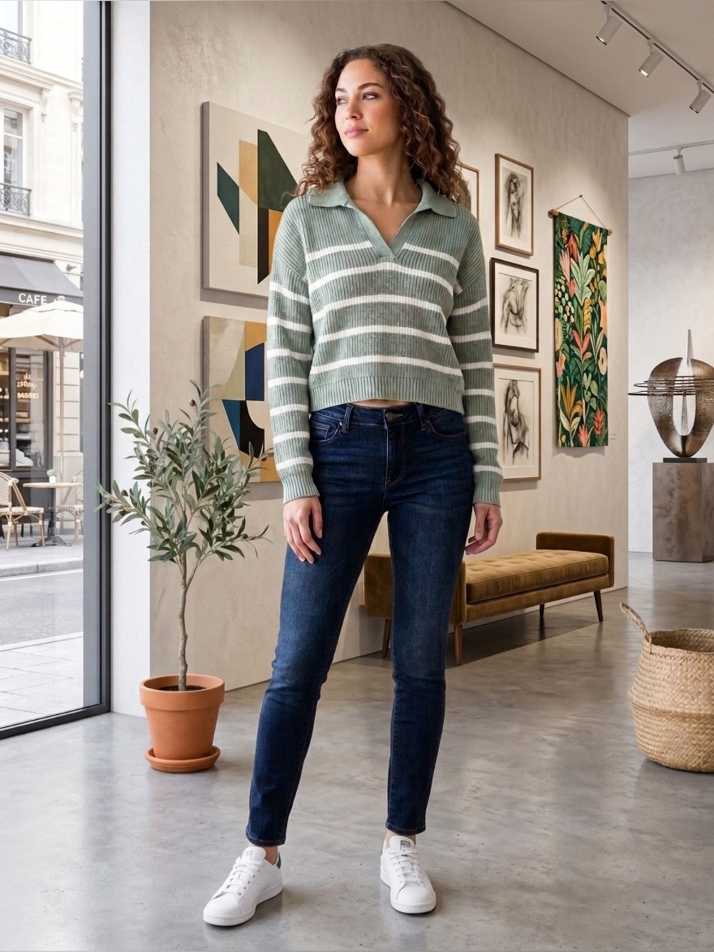 Hollister Sage Green and White Striped V-Neck Collared Sweater